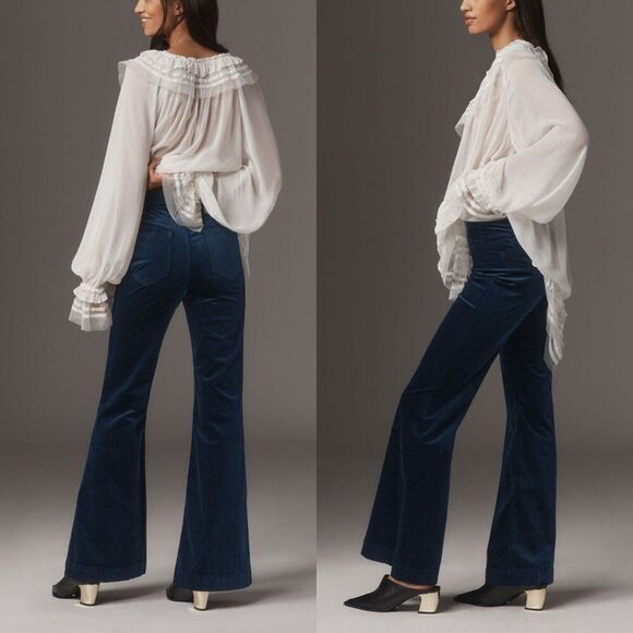 Anthropologie Pilcro Velvet Pull-On Retro Flare Jeans Mid-Rise Sz 25 Blue Pants - Picture 3 of 12